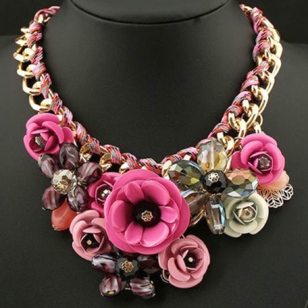 Gorgeous Pink and Gold Flower Statement Necklace